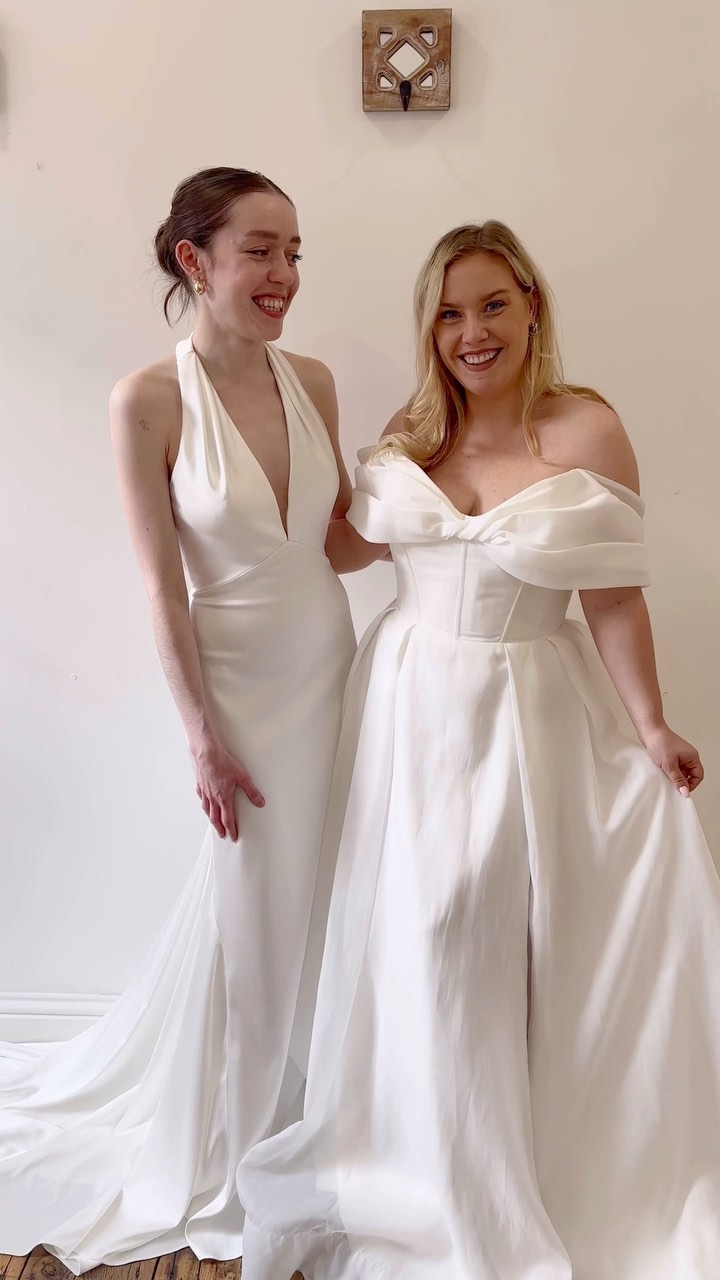 When we say we LOVE IT we mean it babe … & these two styles are no exception ◊Ruthys gown on the left is Dwyn & is here as part of our @modeca trunk show & WOW she is just unreal - super flattering, chic, modern & minimal - Here with us until 11th May only lovelies so snap up an appointment to try her on whilst she’s with us ◊Kat on the right wears the beautiful Prestyn by @madilanebridal which is a real romantic statement maker in flowing organza ◊Both gowns paired together for two looks on your special day would be the dreamiest combination too ◊#dwynmodecabridal #prestynmadilane #madilanebridal #youarepreciousbridal #bridaltrunkshow #bridetobe #weddingdressideas #weddingdressinspo #weddingdressshop #bridalboutique #newtonhall #lepetitchateau #charltonhall #haltongrove #lartingtonhall