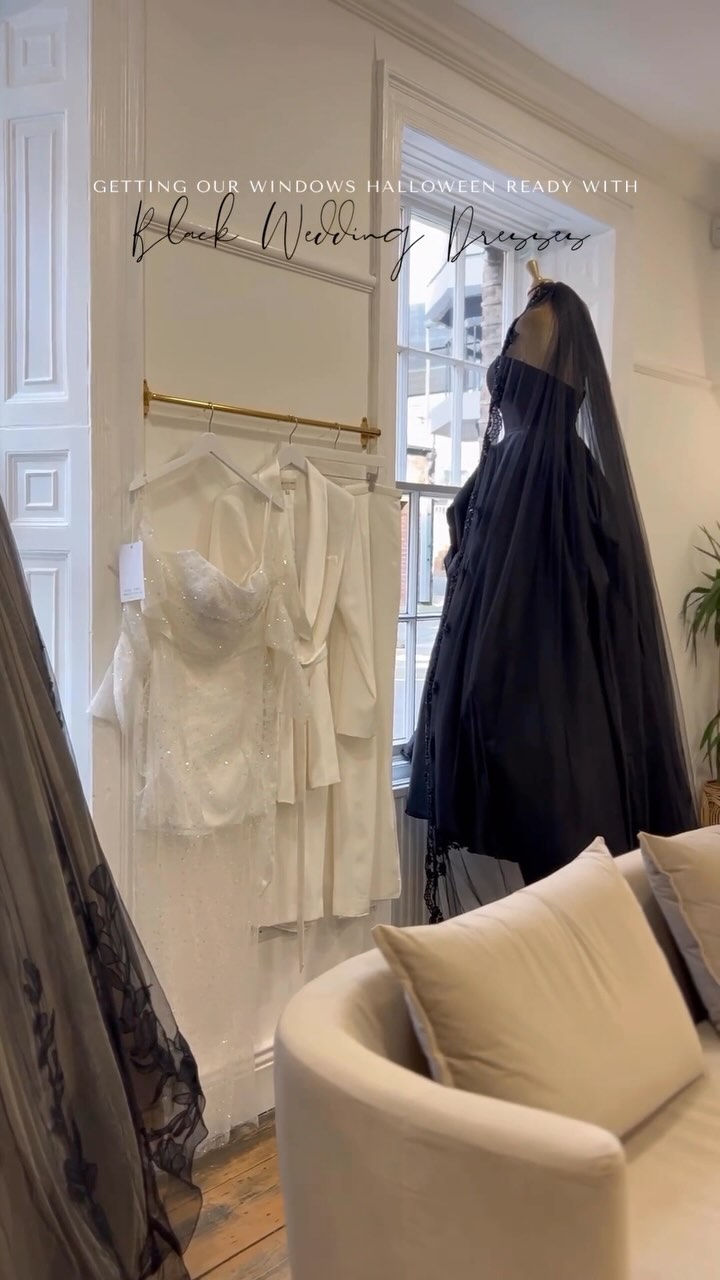 Come dress our Halloween window with us … ◊ As spooky season is upon us our two fave black gowns by @abellabride & @allurebridals couture have taken over the townhouse showroom ~ paired with our couture black veil by @harryholtbybridalaccessories ◊#blackweddingdress #blackbridalgown #blackdress #bridetobe #weddingdress #newcastleupontyne #designerbridal #abellabride #allurecouture