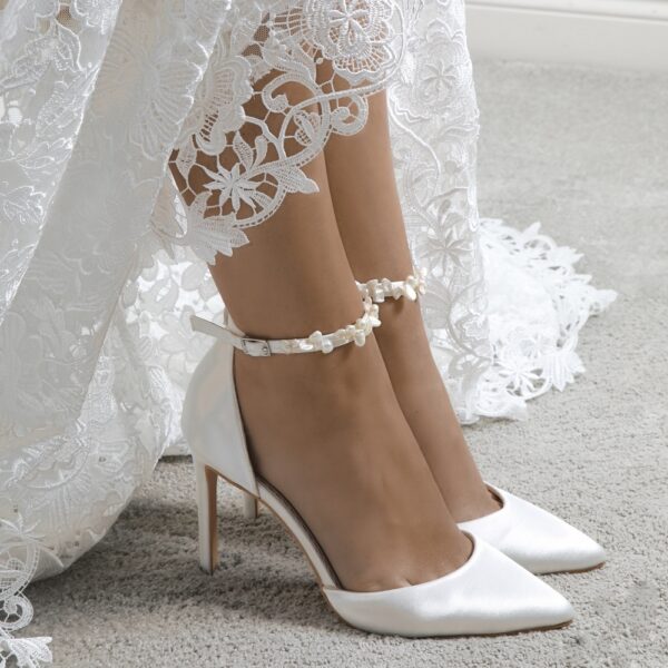 perfect bridal ella ivory satin keshi pearl ankle strap court shoes